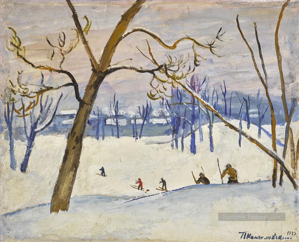 SKIERS Petrovich Konchalovsky paysage de neige Peintures à l'huile
